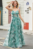 Green A Line Spaghetti Straps Long Ball Dress with Appliques