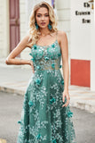 Green A Line Spaghetti Straps Long Ball Dress with Appliques