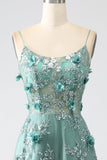 Glitter Grey Green Spaghetti Straps Lace Flower Long Corset Ball Dress