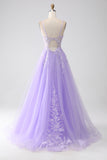 Lilac A-Line Spaghetti Straps Tulle Long Ball Dress with Appliques