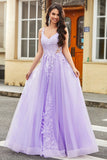 Gorgeous A Line Spaghetti Straps Lilac Tulle Long Ball Dress with Appliques