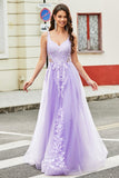 Gorgeous A Line Spaghetti Straps Lilac Tulle Long Ball Dress with Appliques