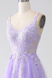 Lilac A-Line Spaghetti Straps Tulle Long Ball Dress with Appliques