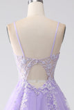 Lilac A-Line Spaghetti Straps Tulle Long Ball Dress with Appliques