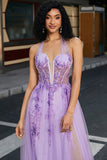 Gorgeous A Line Halter Neck Grey Purple Corset Ball Dress with Appliques