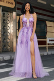 Gorgeous A Line Halter Neck Grey Purple Corset Ball Dress with Appliques