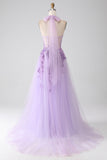 Grey Purple A-Line Halter Neck Beaded Long Ball Dress