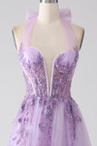 Grey Purple A-Line Halter Neck Beaded Long Ball Dress