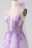 Grey Purple A-Line Halter Neck Beaded Long Ball Dress