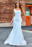 Light Blue Sparkly Beaded Mermaid Long Ball Dress