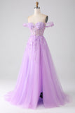 Lilac A-Line Off The Shoulder Beaded Corset Ball Dress