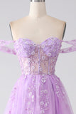 Lilac A-Line Off The Shoulder Beaded Corset Ball Dress