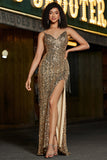 Sparkly Mermaid Golden Long Fringed Ball Dress with Slit