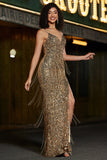 Sparkly Mermaid Golden Long Fringed Ball Dress with Slit