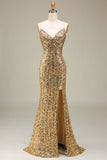 Sparkly Mermaid Golden Long Ball Dress with Slit