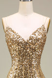 Sparkly Mermaid Golden Long Ball Dress with Slit
