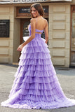 Tulle A-Line Purple Tiered Long Ball Dress with Slit