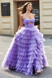 Tulle A-Line Purple Tiered Long Ball Dress with Slit