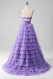 Purple Tulle A-Line Tiered Long Ball Dress with Slit