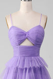 Purple Tulle A-Line Tiered Long Ball Dress with Slit