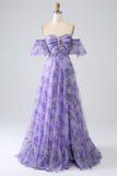 Lavender A Line Off the Shoulder Printed Ball Dress with Removable Sleeves