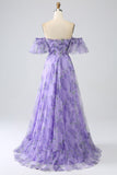 Lavender A Line Off the Shoulder Printed Ball Dress with Removable Sleeves