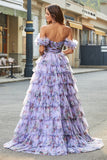 Gorgeous A Line Off the Shoulder Lavender Printed Long Ball Dress with Ruffles