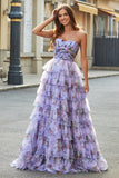 Gorgeous A Line Off the Shoulder Lavender Printed Long Ball Dress with Ruffles