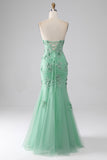 Green Mermaid Strapless Tulle Long Ball Dress with Appliques