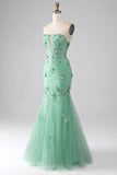 Green Mermaid Strapless Tulle Long Ball Dress with Appliques