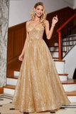 Golden Glitter A-Line Spaghetti Straps Corset Long Ball Dress with Flowers