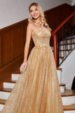 Golden Glitter A-Line Spaghetti Straps Corset Long Ball Dress with Flowers