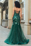 Stunning Mermaid Spaghetti Straps Dark Green Long Ball Dress with Appliques