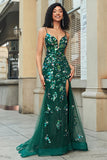 Stunning Mermaid Spaghetti Straps Dark Green Long Ball Dress with Appliques