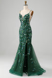 Sparkly Dark Green Mermaid Lace-Up Back Ball Dress with Appliques