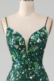 Sparkly Dark Green Mermaid Lace-Up Back Ball Dress with Appliques