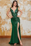 Sparkly Dark Green Mermaid V-Neck Sequin Long Ball Dress with Slit