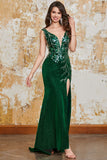 Sparkly Dark Green Mermaid V-Neck Sequin Long Ball Dress with Slit