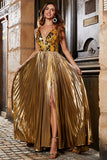 Stunning A Line V-Neck Golden Long Ball Dress with Split Front