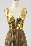Sparkly A Line Deep V-Neck Golden Long Ball Dress with Split Front