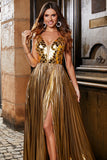 Stunning A Line V-Neck Golden Long Ball Dress with Split Front
