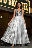 Sparkly A-Line V-Neck Silver Mirror Ball Dress with Slit