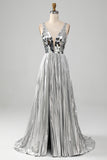 Sparkly Silver A-Line V-Neck Long Ball Dress with Slit