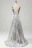 Sparkly A-Line V-Neck Silver Mirror Ball Dress with Slit