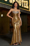 Sparkly Golden Mermaid Strapless Long Beaded Ball Dress with Slit
