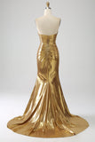 Golden Mermaid Strapless Long Ball Dress with Slit