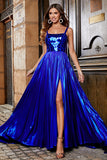 Sparkly A Line Royal Blue Long Ball Dress with Criss Cross Back