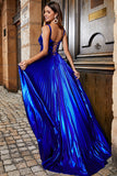 Sparkly A Line Royal Blue Long Ball Dress with Criss Cross Back