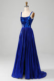 Sparkly Royal Blue Lace-Up Back Ball Dress with Slit