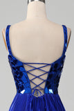 Sparkly Royal Blue Lace-Up Back Ball Dress with Slit